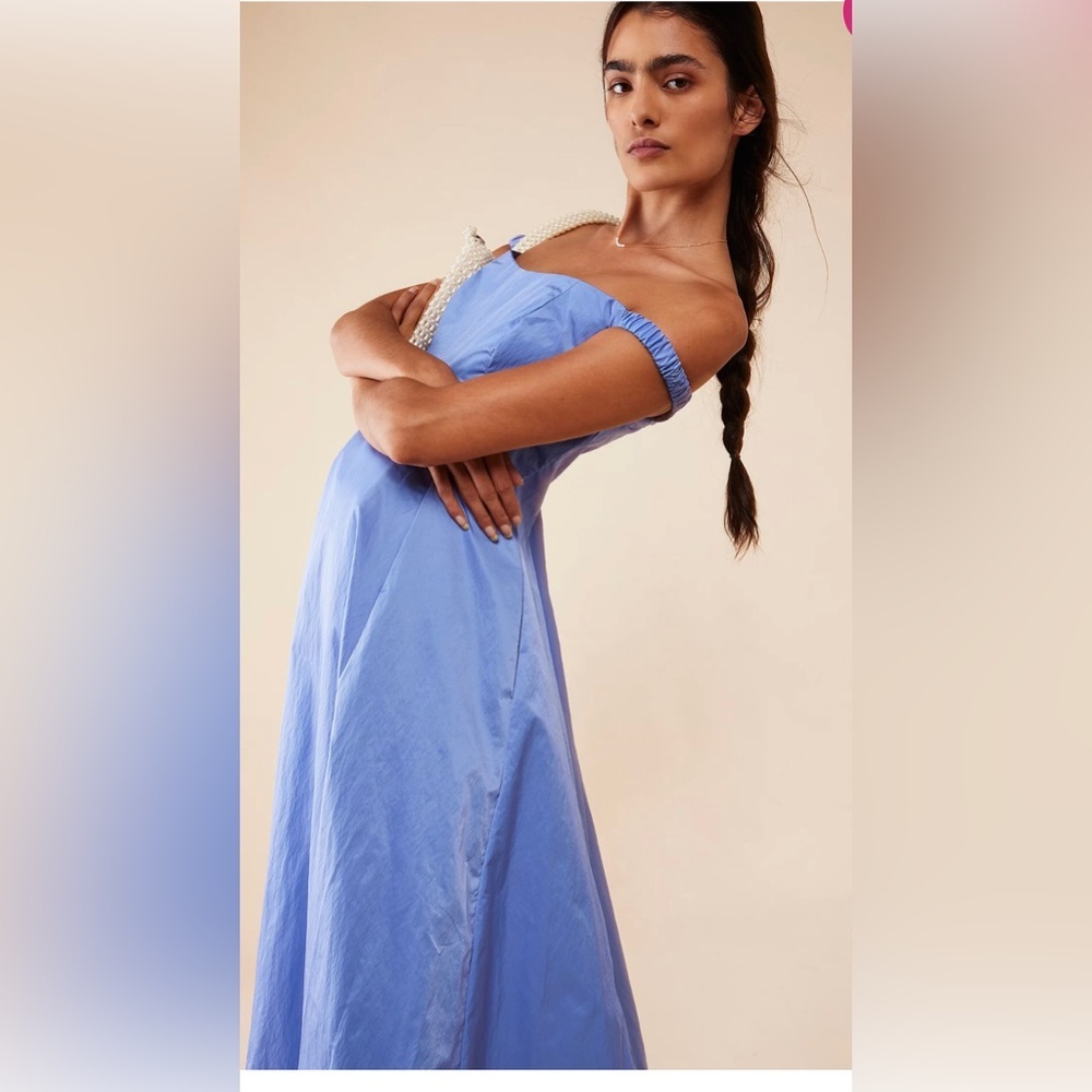 Free People blue periwinkle ruched off the shoulder strap midi gown‎ size 8 new